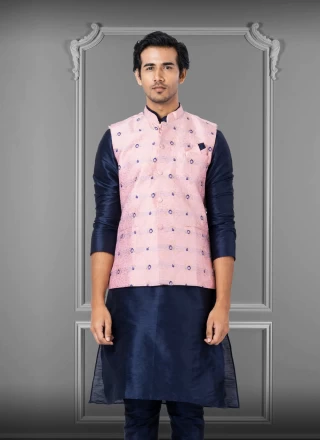 Jacquard Silk Pink Nehru Jackets