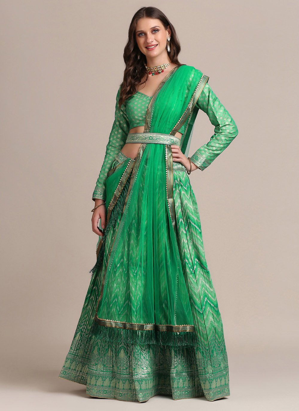 Jacquard Silk Printed Green Trendy Lehenga Choli