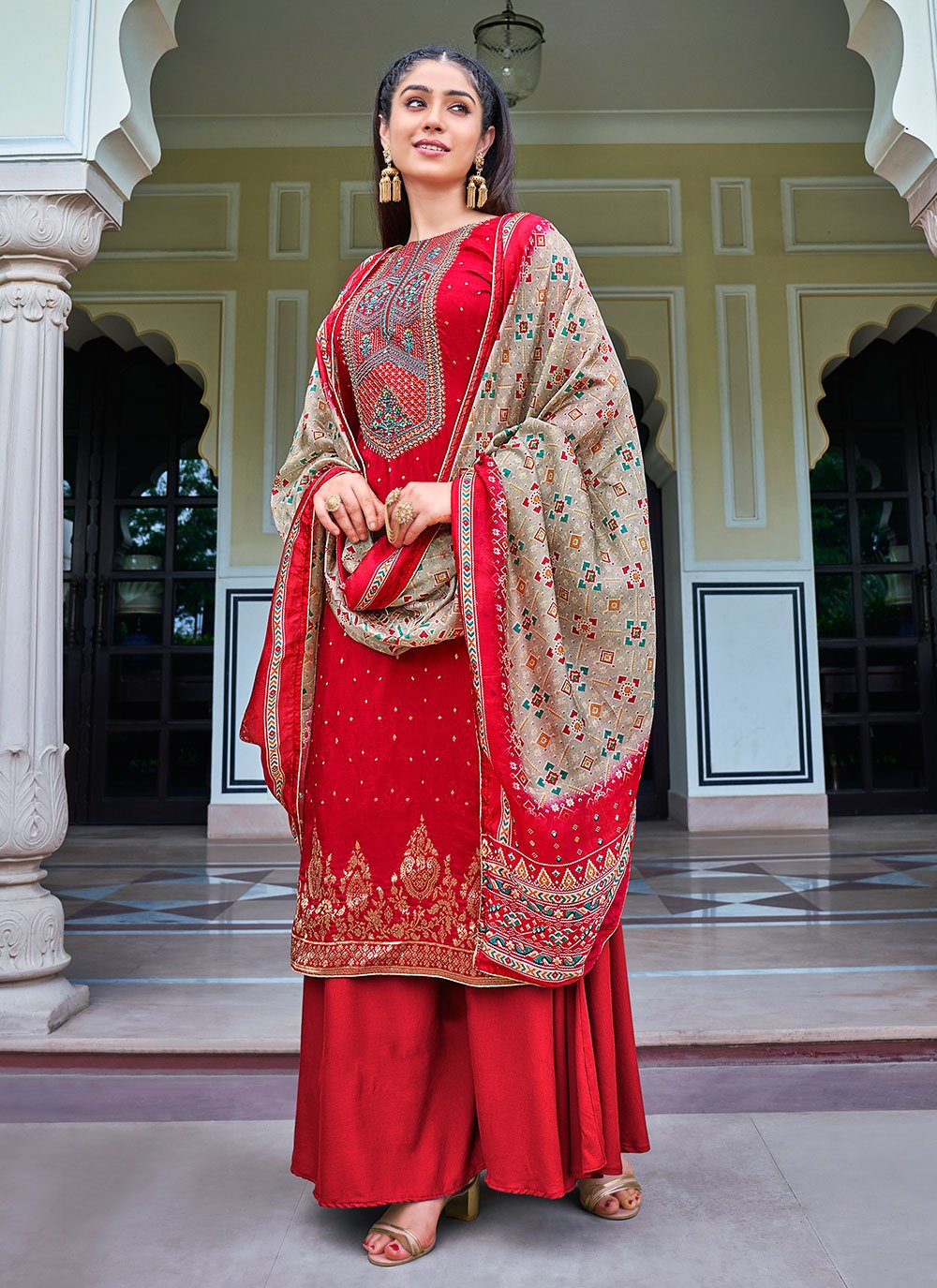 Jacquard Silk Red Embroidered Designer Pakistani Salwar Suit
