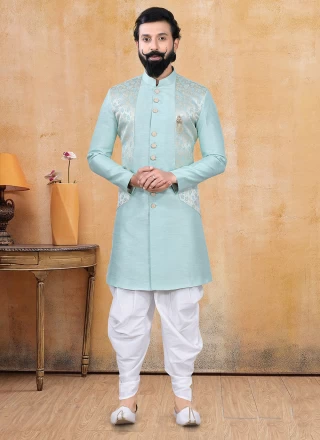 Jacquard Silk Turquoise Fancy Dhoti Kurta