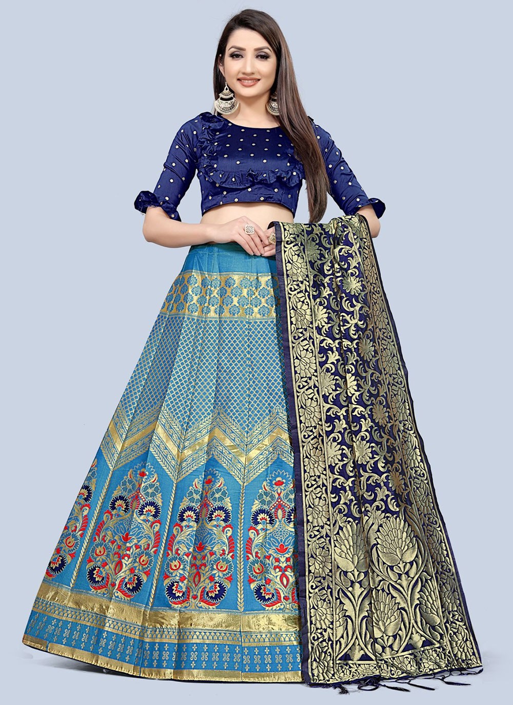 Jacquard Silk Woven Blue Trendy Lehenga Choli