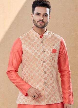 Jacquard Work Banarasi Silk Kurta Payjama With Jacket in Cream and Peach