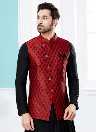 Jacquard Work Dupion Silk Indo Western in Black and Red