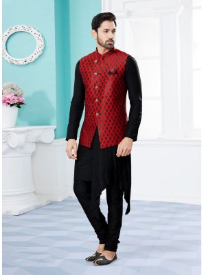 Jacquard Work Dupion Silk Indo Western in Black and Red