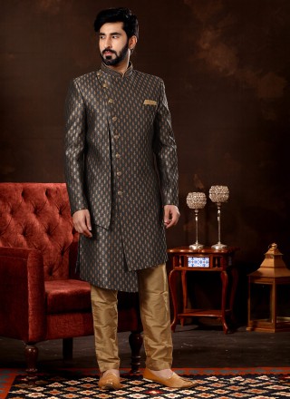 Jacquard Work Fancy Fabric Sherwani in Grey