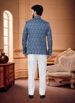 Jacquard Woven Blue Jodhpuri Suit