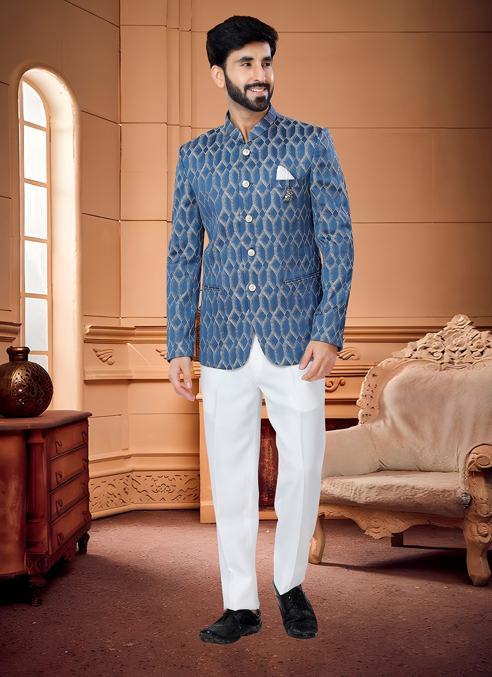 Buy Jacquard Woven Blue Jodhpuri Suit 241204