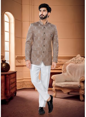 Jacquard Woven Brown Jodhpuri Suit