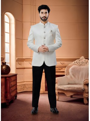 Jacquard Woven Cream Jodhpuri Suit
