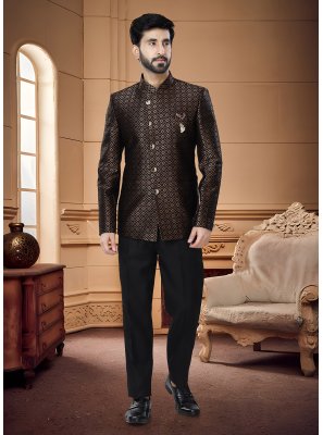 Jacquard Woven Jodhpuri Suit in Black