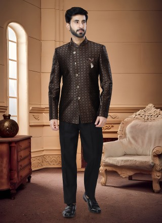 Jacquard Woven Jodhpuri Suit in Black