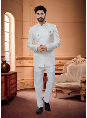 Jacquard Woven Jodhpuri Suit in White