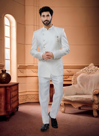 Jacquard Woven Jodhpuri Suit in White