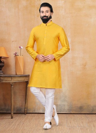 Jacquard Yellow Plain Kurta Pyjama