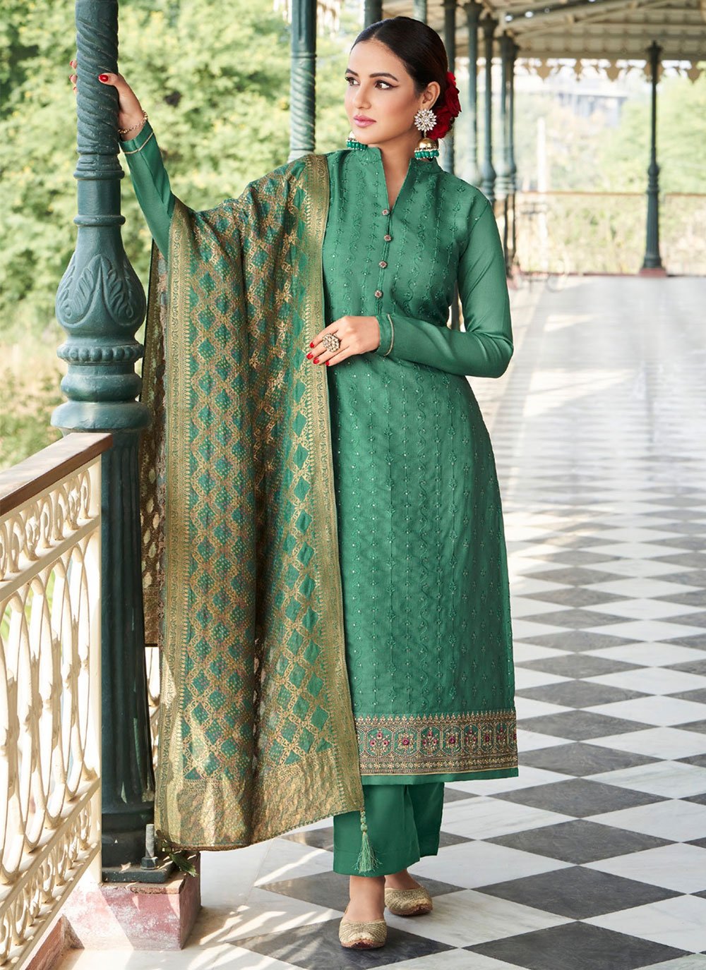  Jasmin Bhasin Embroidered Green Designer Palazzo Salwar Suit