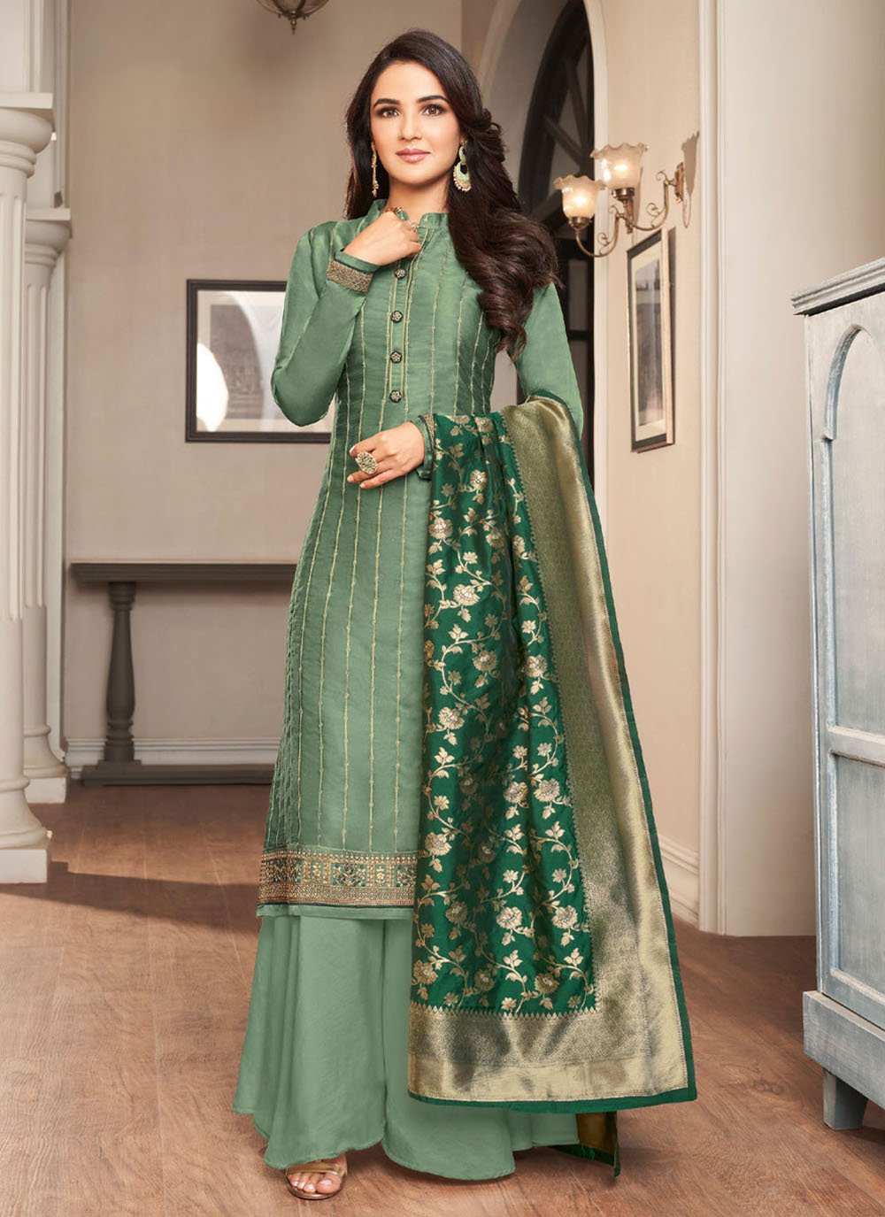 Jasmin Bhasin Green Satin Silk Embroidered Salwar Suit Buy Online 