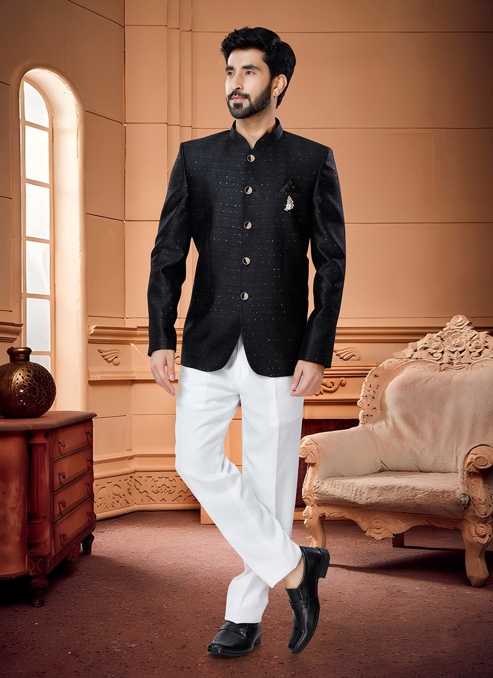 Buy Two Piece Jodhpuri Suit With Bottom in Navy Blue Online