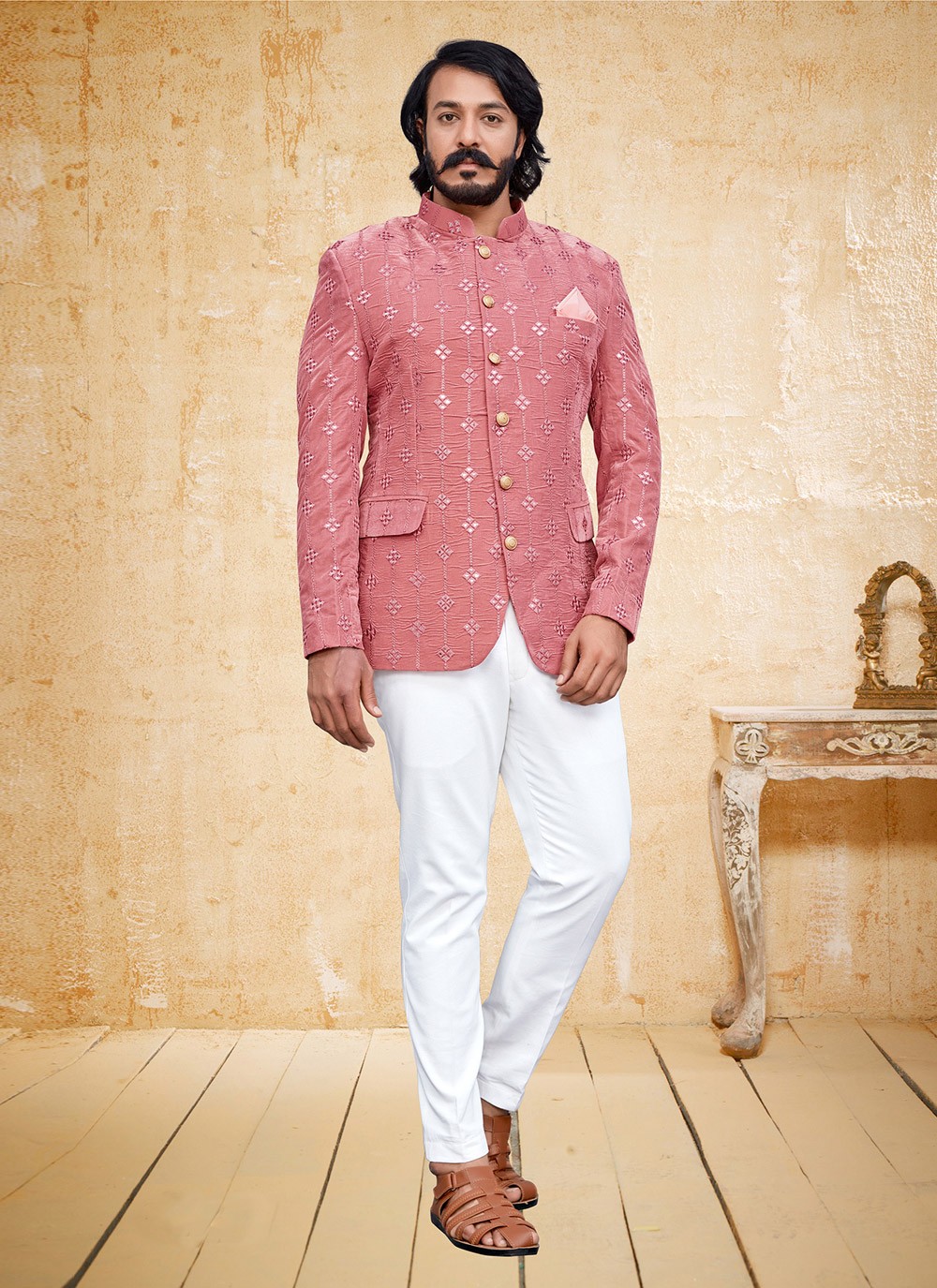 Jodhpuri Suit Embroidered Velvet in Pink buy online