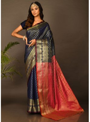 Kanchipuram Silk Blue Handwork Silk Saree
