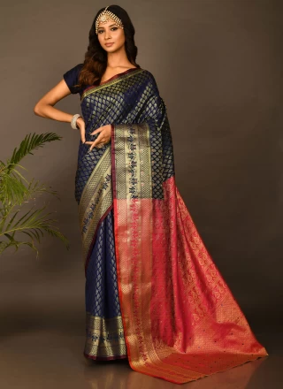 Kanchipuram Silk Blue Handwork Silk Saree