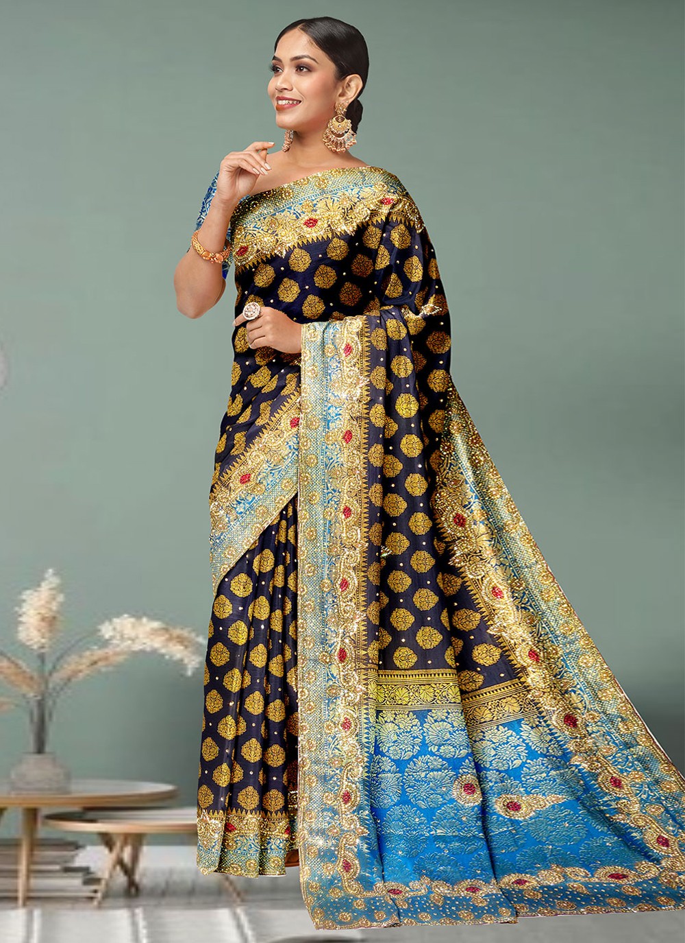 Navy blue and Red Kanchivaram silk saree - wedding silk - soft silk sa –  shakthistyles