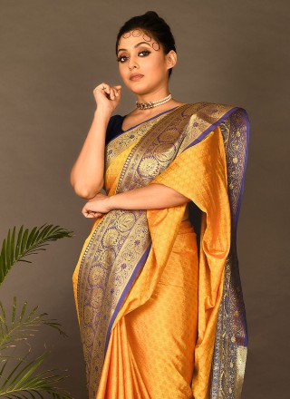 Kanchipuram Silk Handwork Silk Saree in Mustard