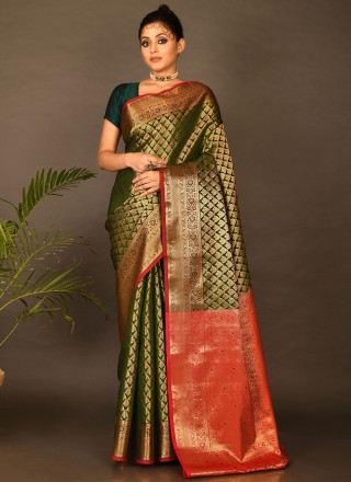 Kanchipuram Silk Traditional Designer Saree in Green