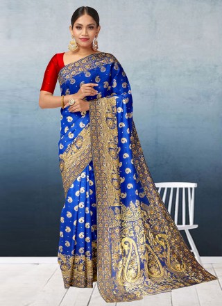Kanjivaram Silk Blue Embroidered Trendy Saree