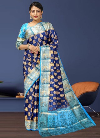 Kanjivaram Silk Embroidered Classic Saree in Blue