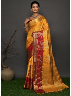 Kanjivaram Silk Handwork Yellow Traditional Saree