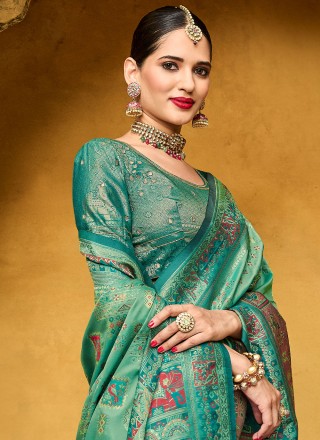 Kanjivaram Silk Sea Green Weaving Contemporary Style Saree