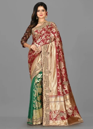 Kanjivaram Silk Weaving Designer Half N Half Saree in Green and Red