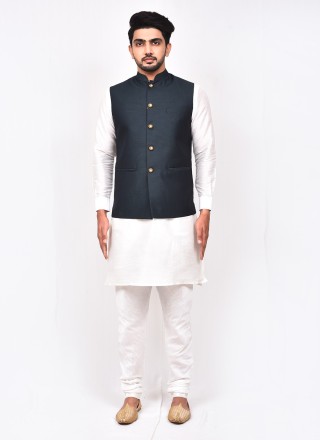 Kurta Payjama With Jacket Buttons Art Silk in Grey and White