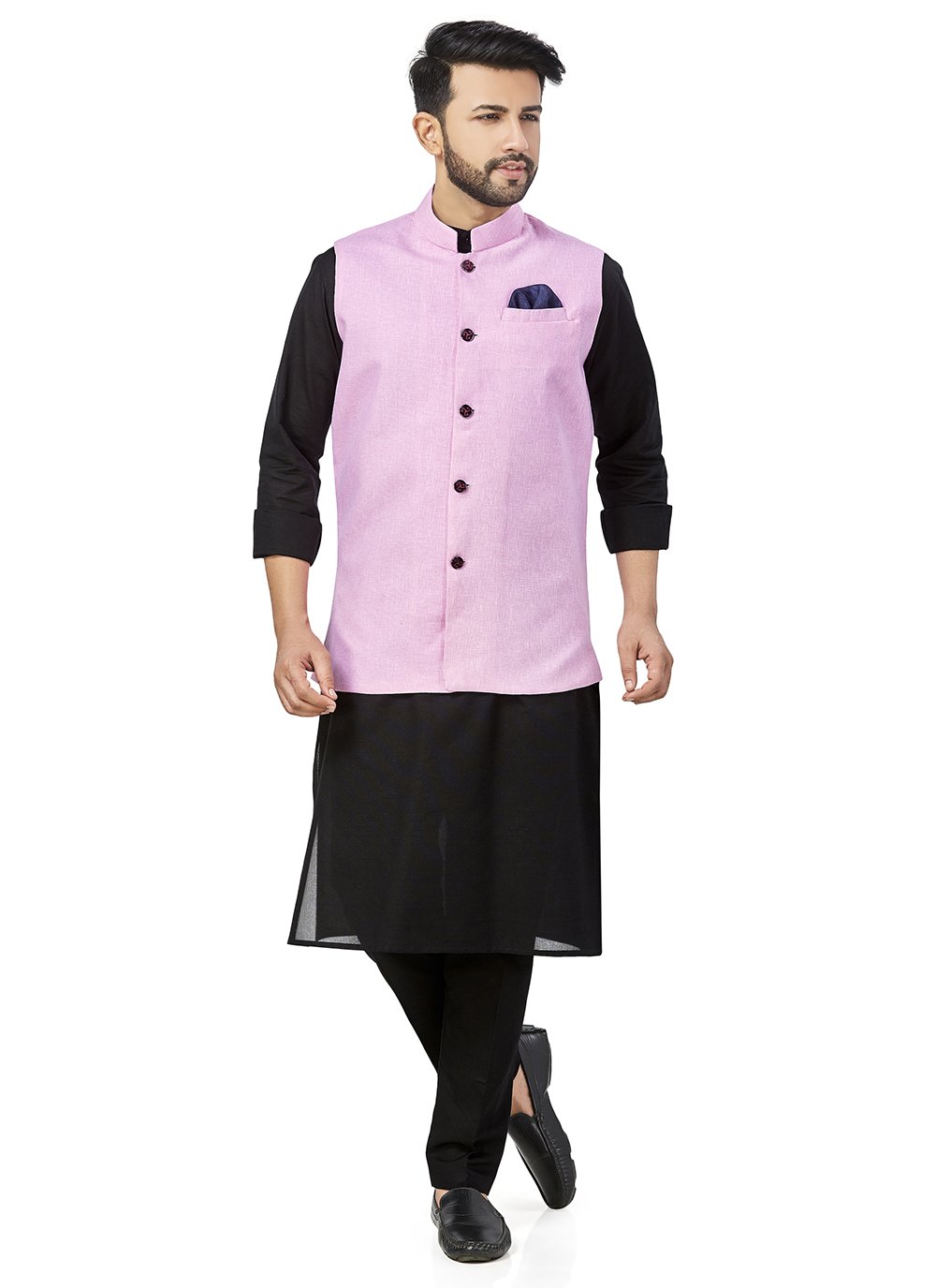 Kurta Payjama With Jacket Buttons Linen in Black and Pink