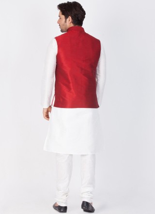 Kurta Payjama With Jacket Fancy Dupion Silk in Maroon and White