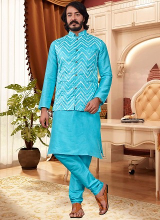 Kurta Payjama With Jacket Mirror Cotton in Turquoise