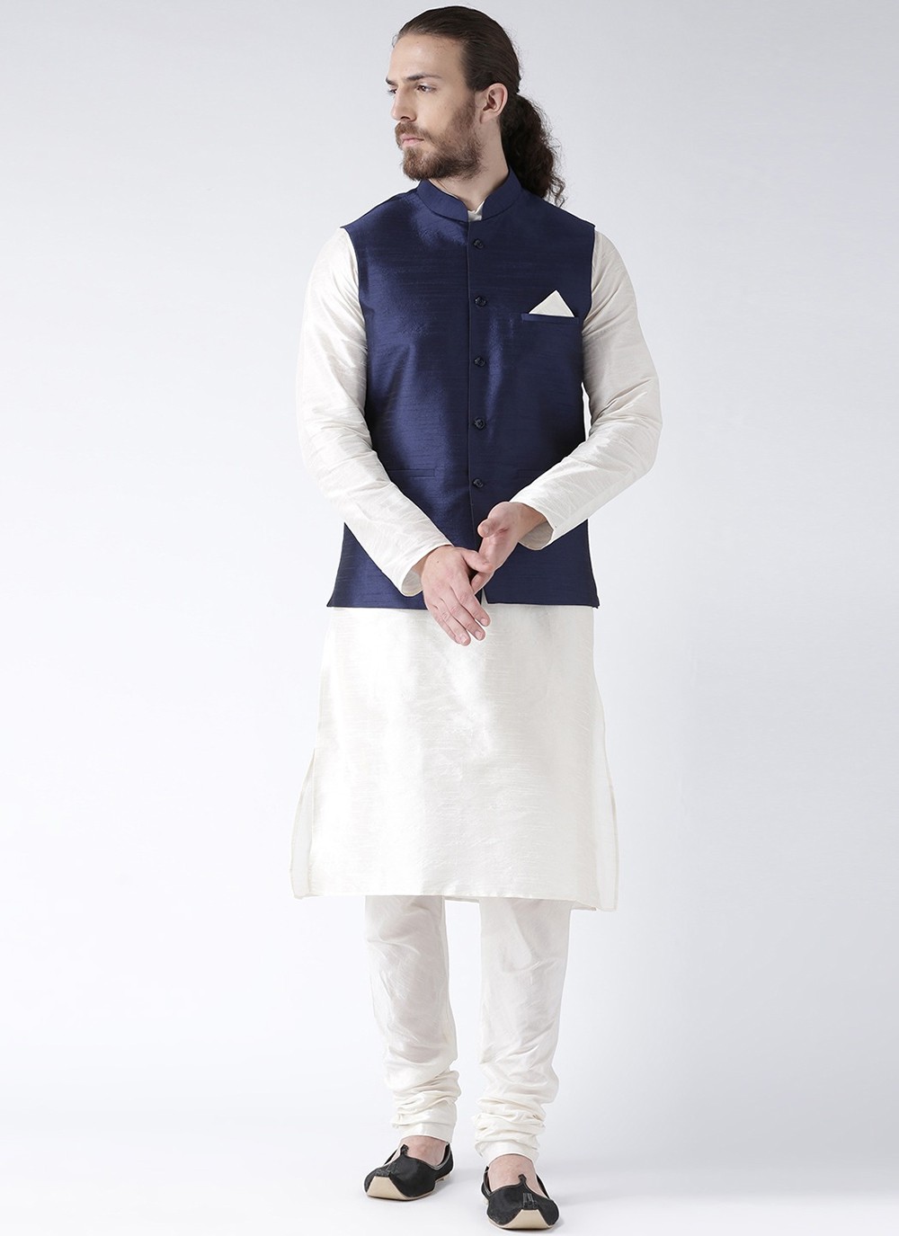 Kurta Payjama With Jacket Plain Art Dupion Silk in Blue and White