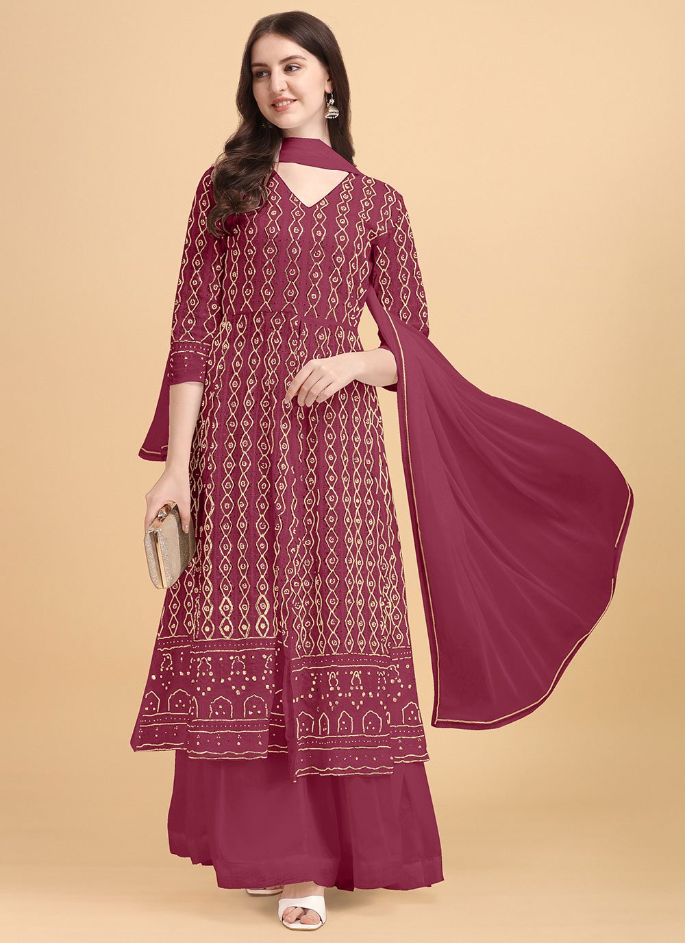 Lace Maroon Faux Georgette Palazzo Salwar Suit
