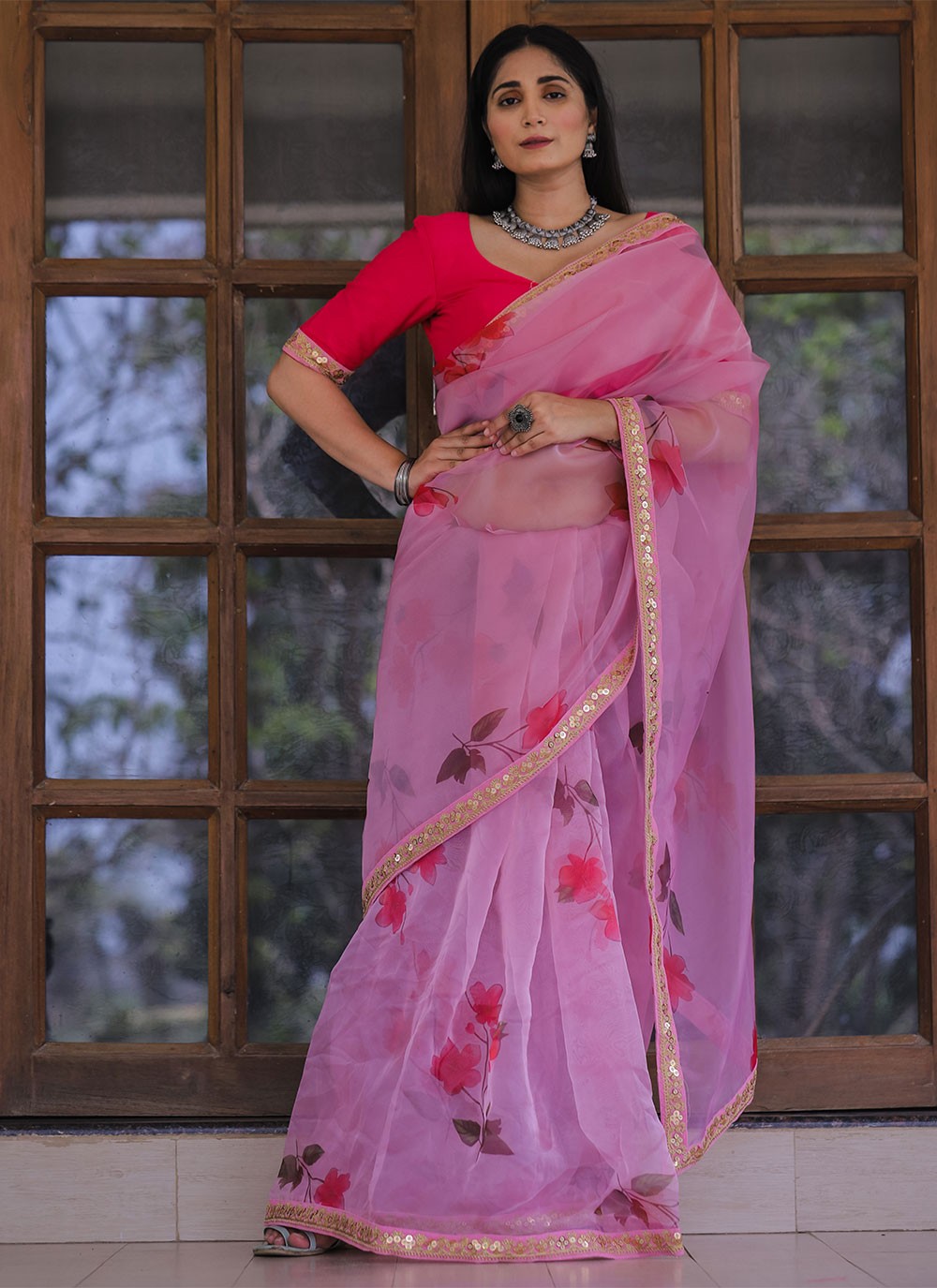 Full Embroidery Work Golden Border Pure Organza Pink Saree – Organza Mall