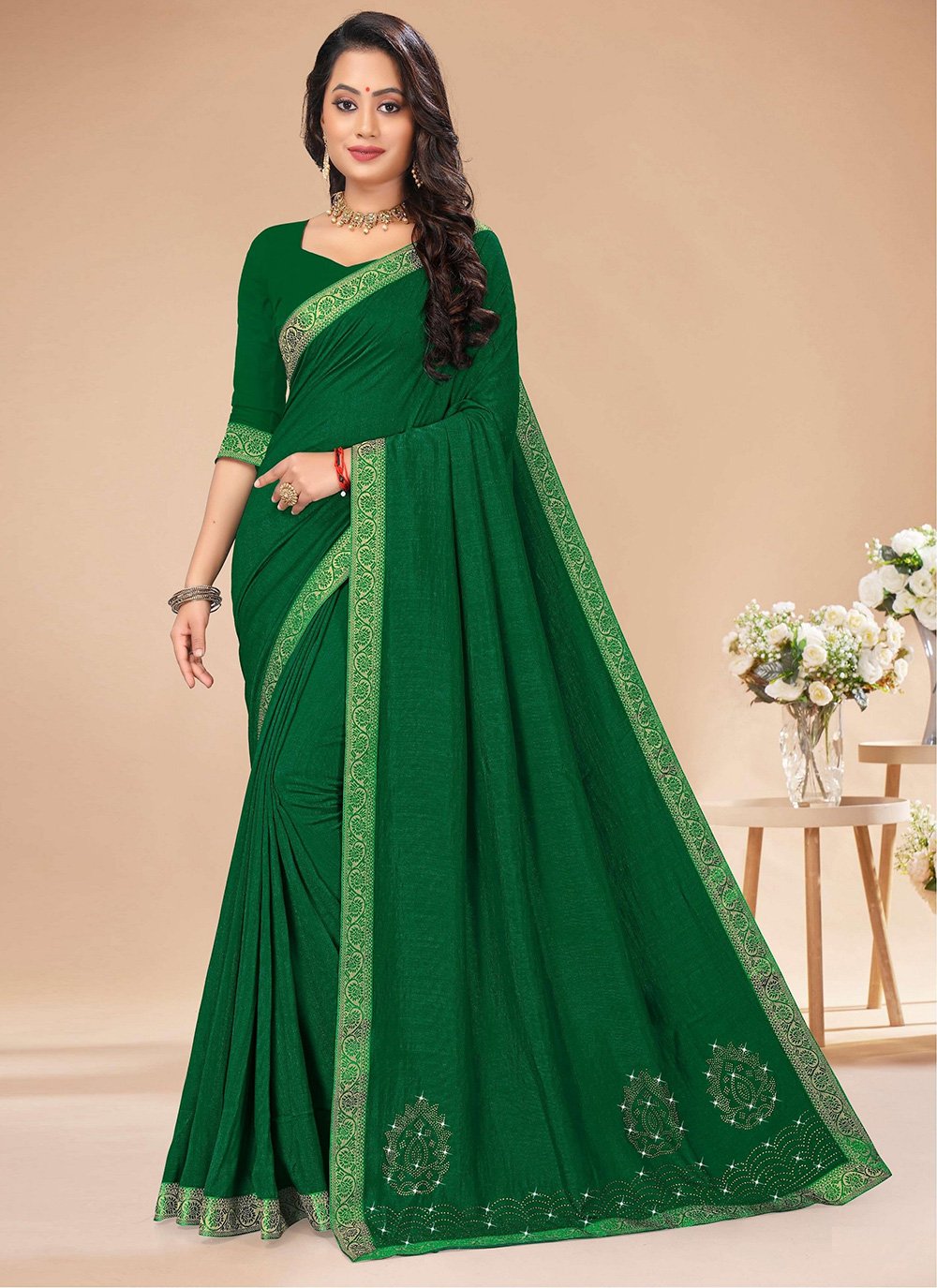 Lace Vichitra Silk Traditional Saree in Green