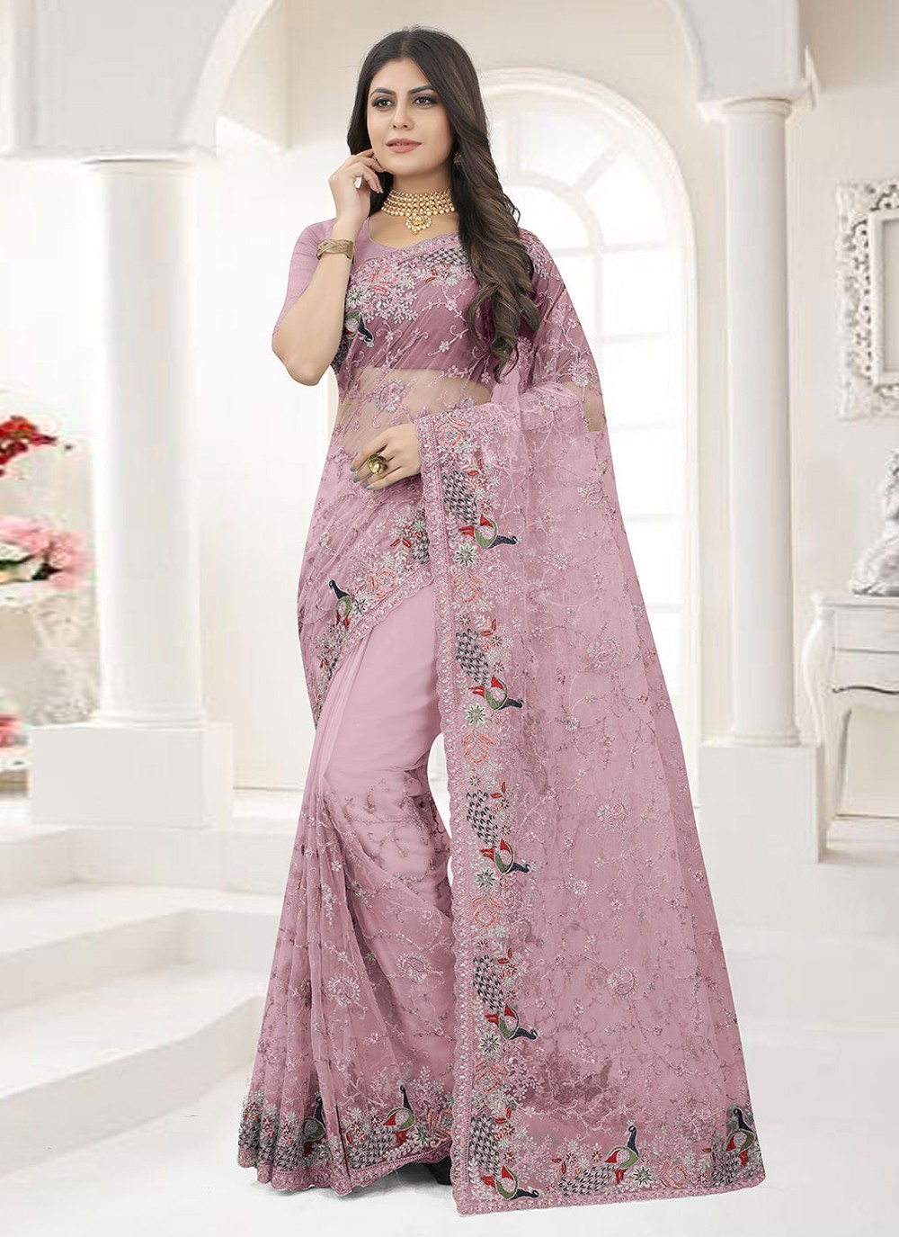 Lavender Net Embroidered Traditional Saree