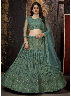 Lehenga Choli Embroidered Net in Green