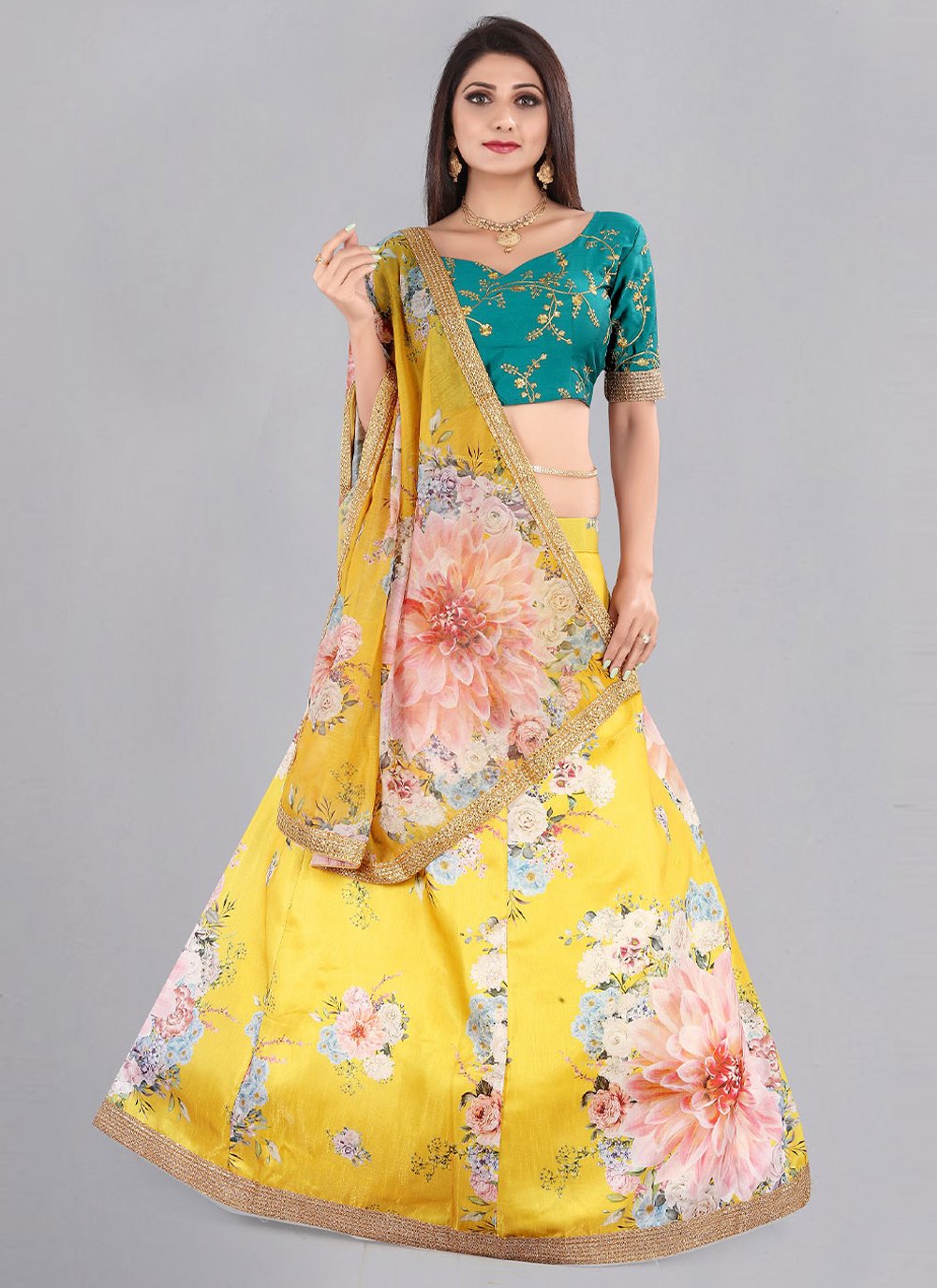 Lehenga Choli Floral Print Banglori Silk in Yellow