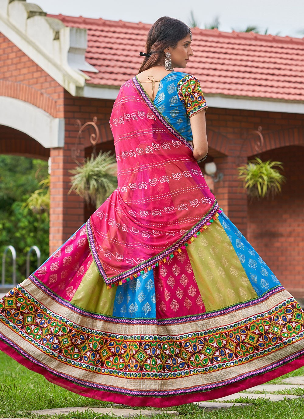 Multi Colored Flared Woven Lehenga in Georgette with Gota Patti Sequins and  Handwork