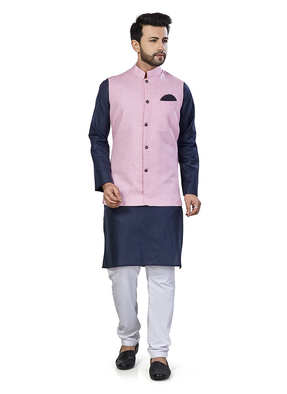 Linen Blue and Pink Plain Kurta Payjama With Jacket