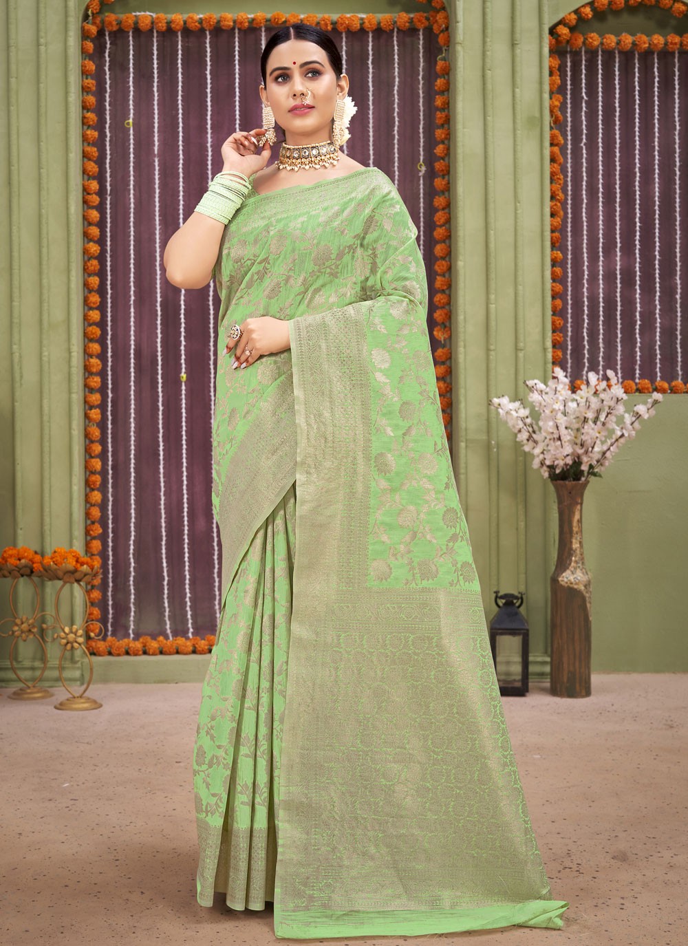 Linen Designer Traditional Saree in Green