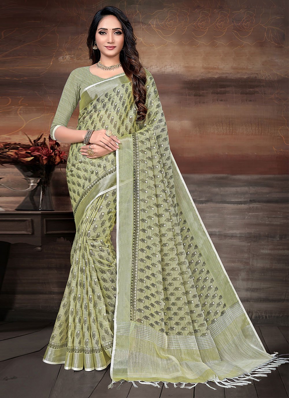 Linen Digital Print Saree In Sea Green|Latest Digital Print Saree |Jhakhas