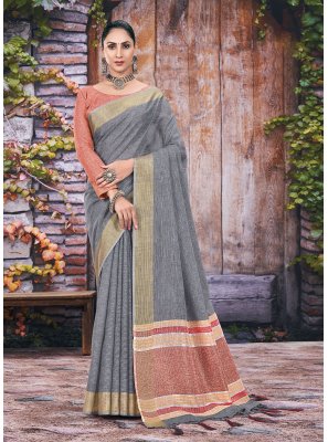 Linen Grey Weaving Designer Traditional Saree