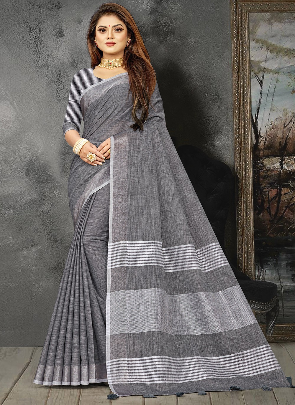 Linen Grey Weaving Traditional Saree