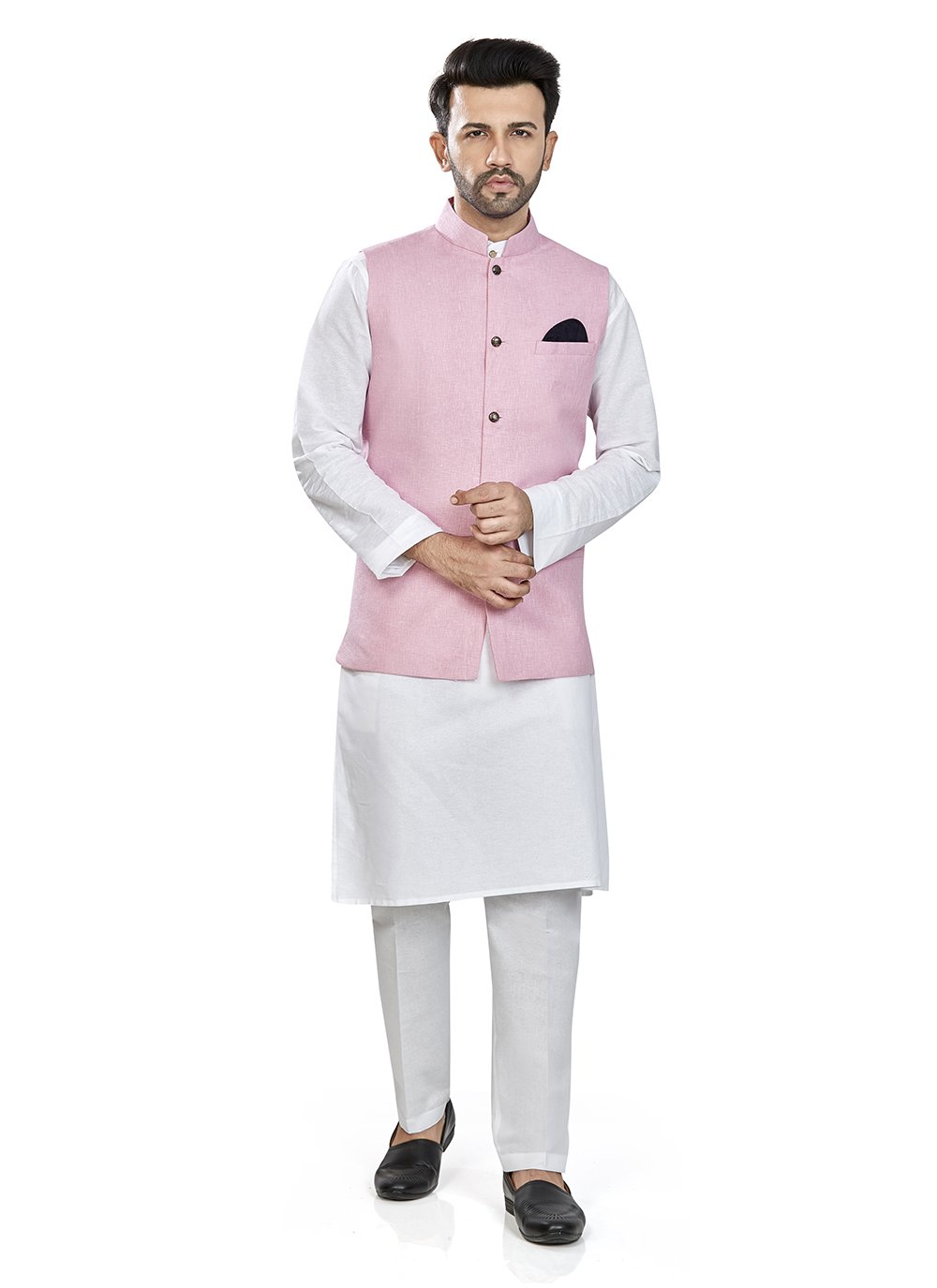 Linen Kurta Payjama With Jacket in Pink and White